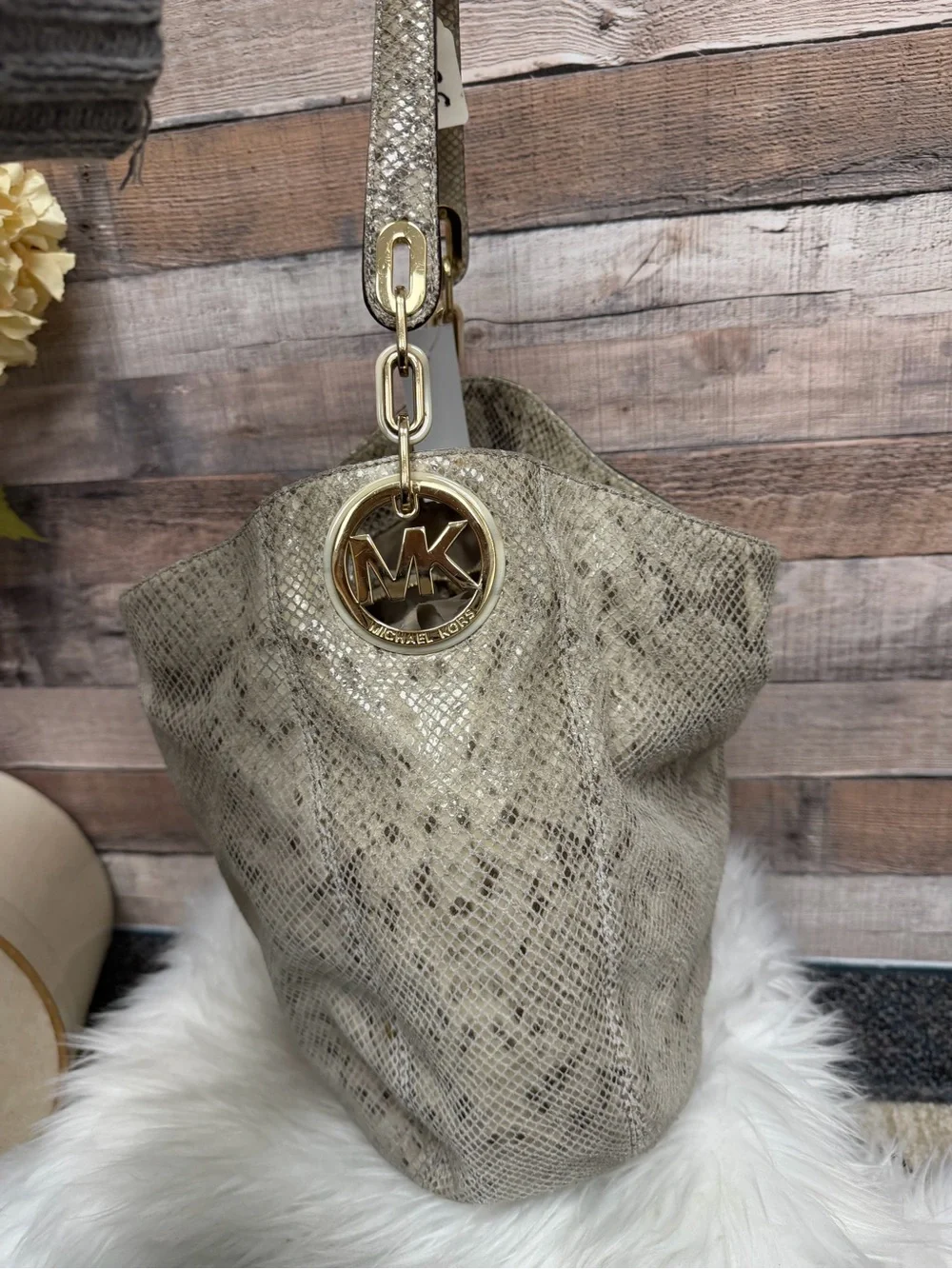 Michael Kors Python Embossed Leather Bag Cream Color